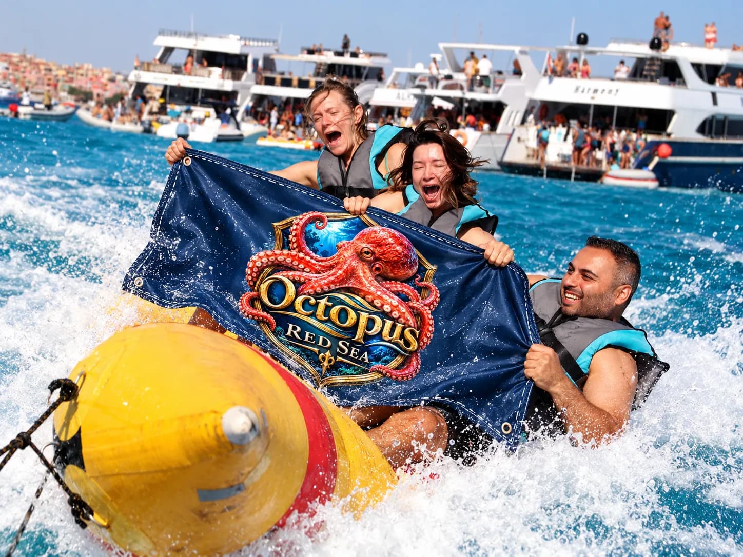 Client-supplied Red Sea holiday promotional photo with digitally added Octopus flag