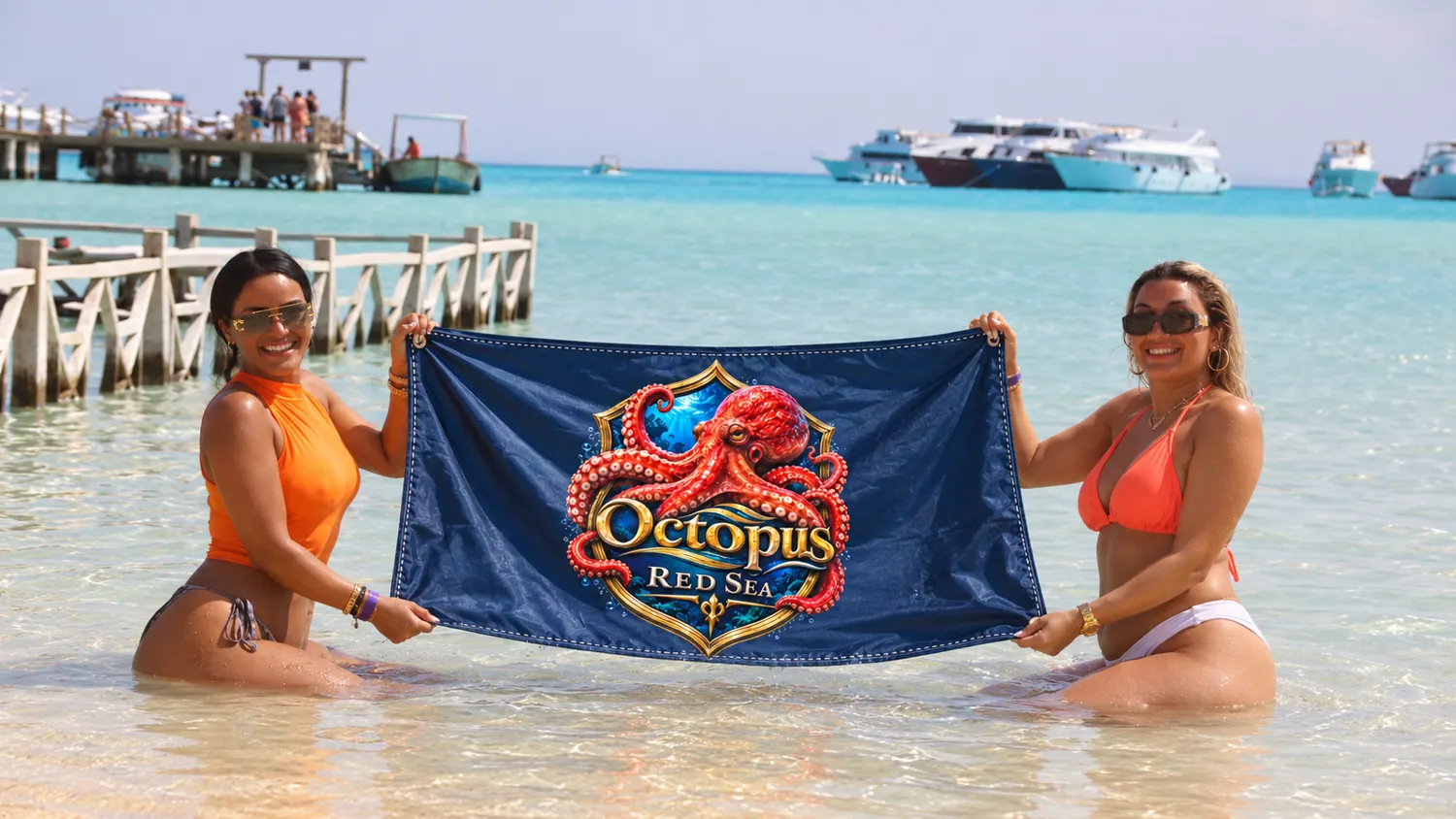 Client-supplied Red Sea holiday promotional photo with digitally added Octopus flag