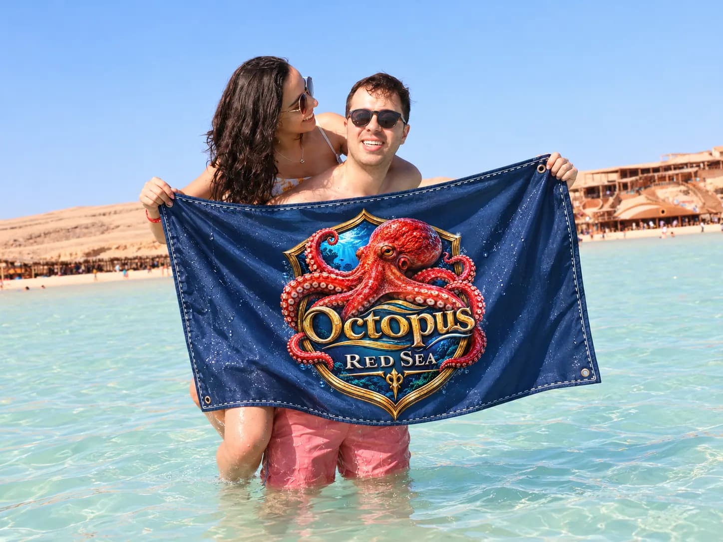 Client-supplied Red Sea holiday promotional photo with digitally added Octopus flag