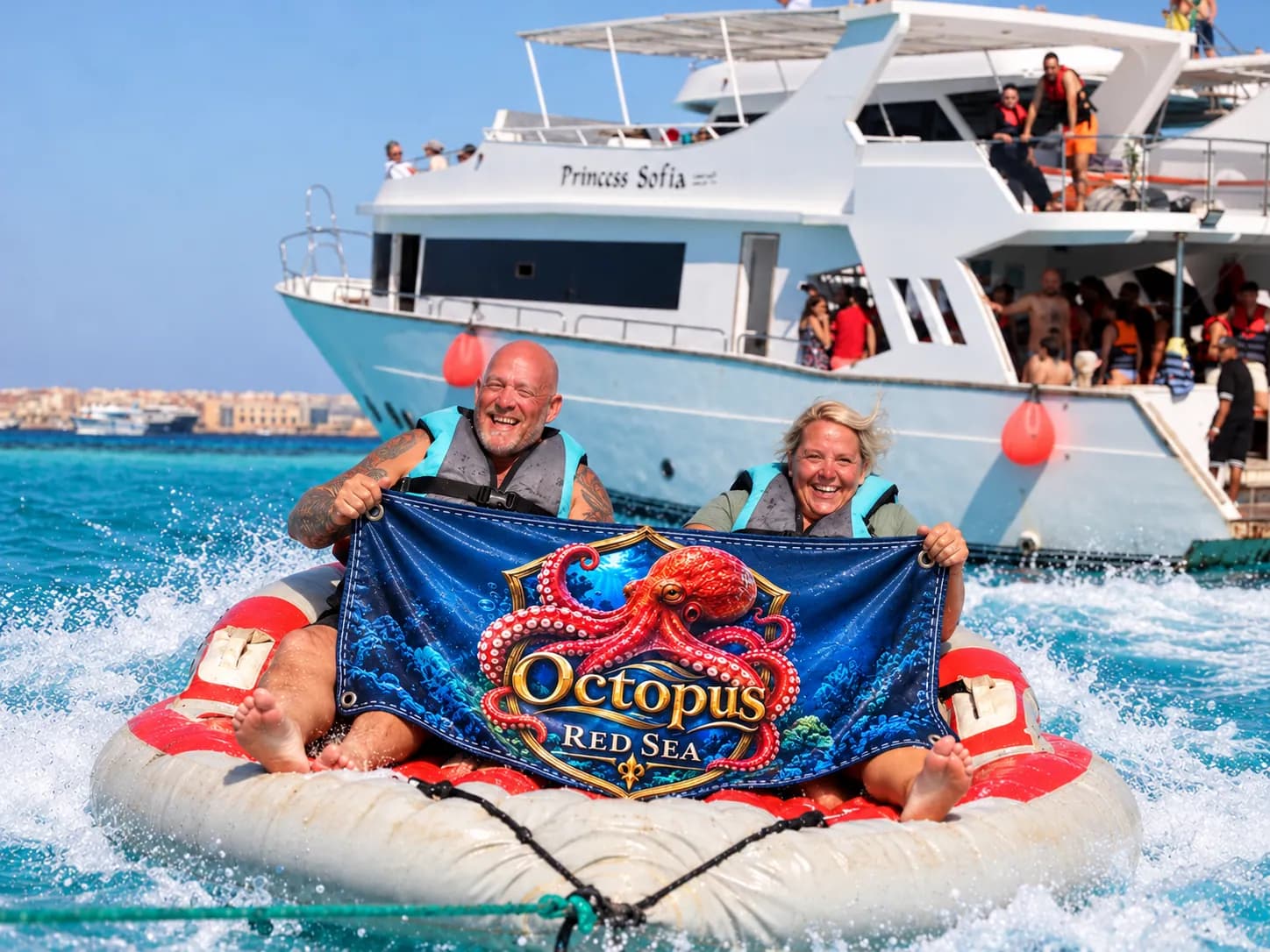 Client-supplied Red Sea holiday promotional photo with digitally added Octopus flag