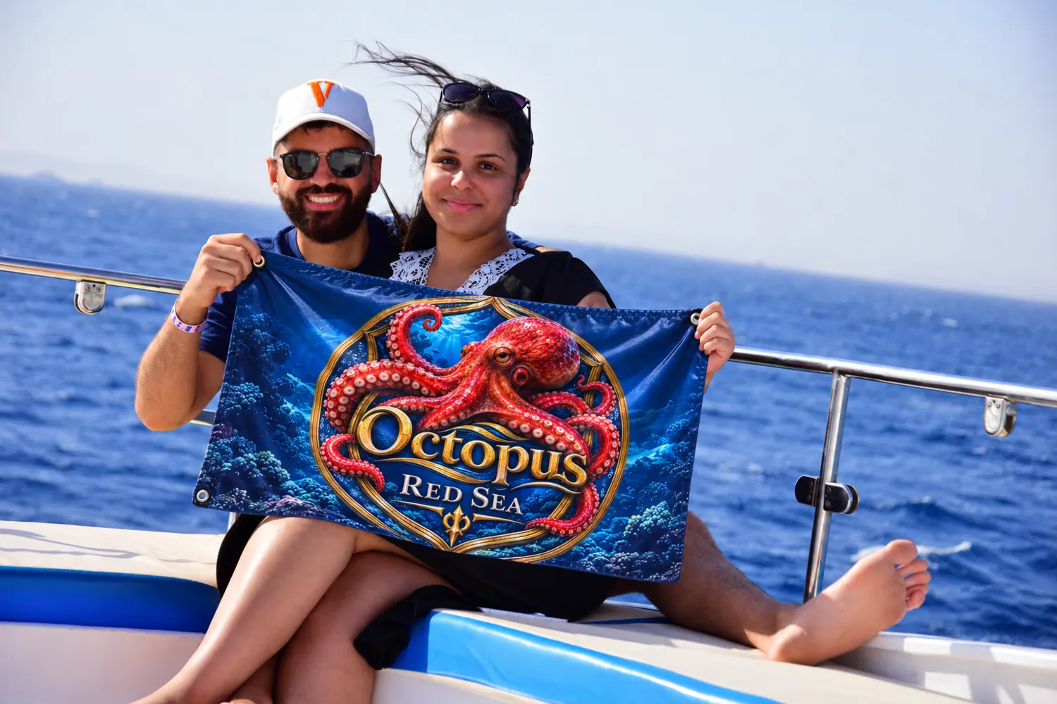 Client-supplied Red Sea holiday promotional photo with digitally added Octopus flag